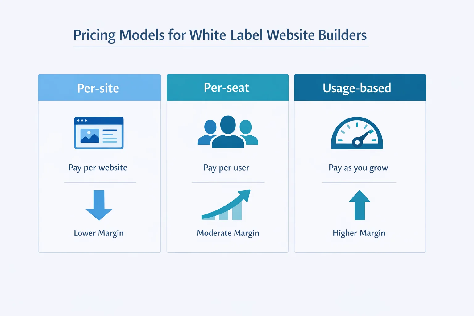 Flat design infographic comparing per-site, per-seat, and usage-based pricing models for white label website builders.