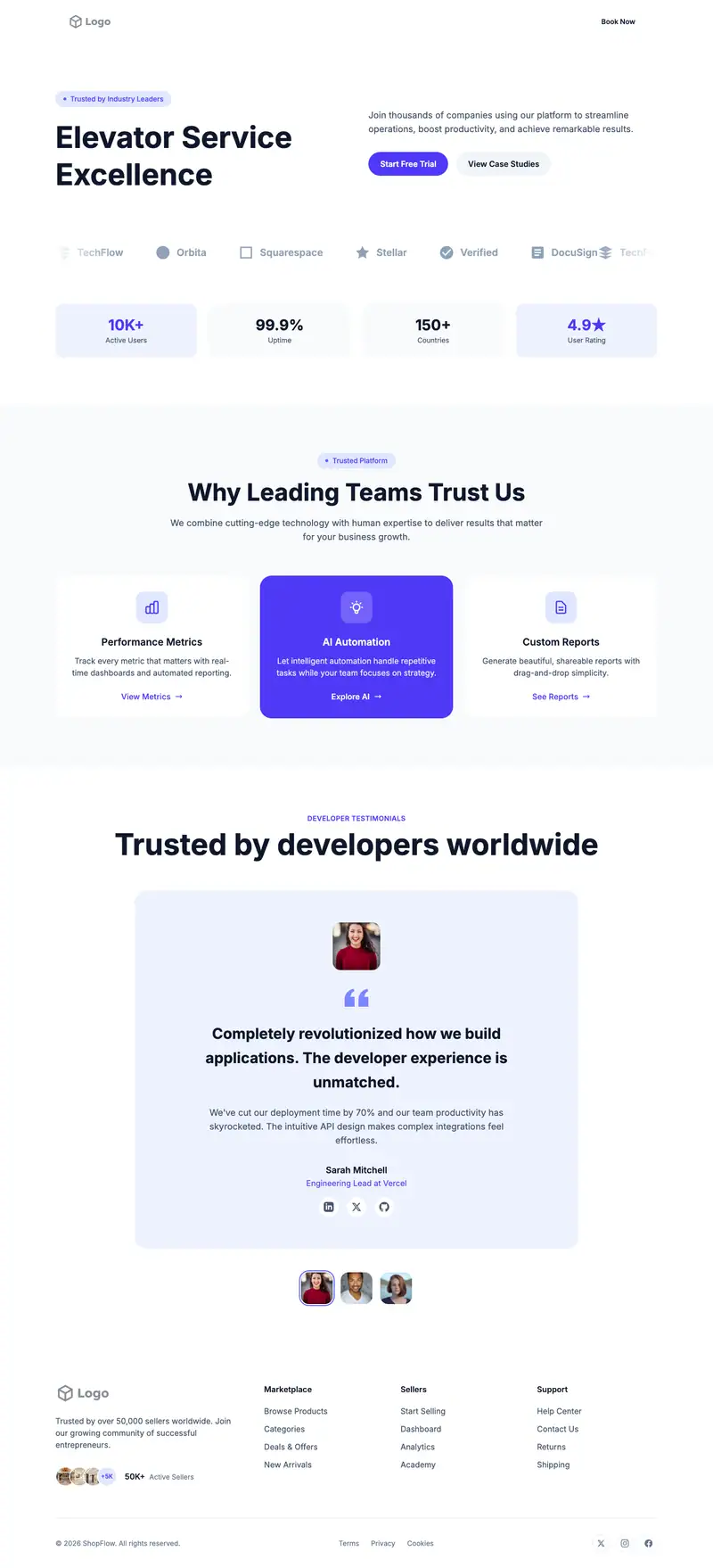 Full-page preview of the Elevator Service website template