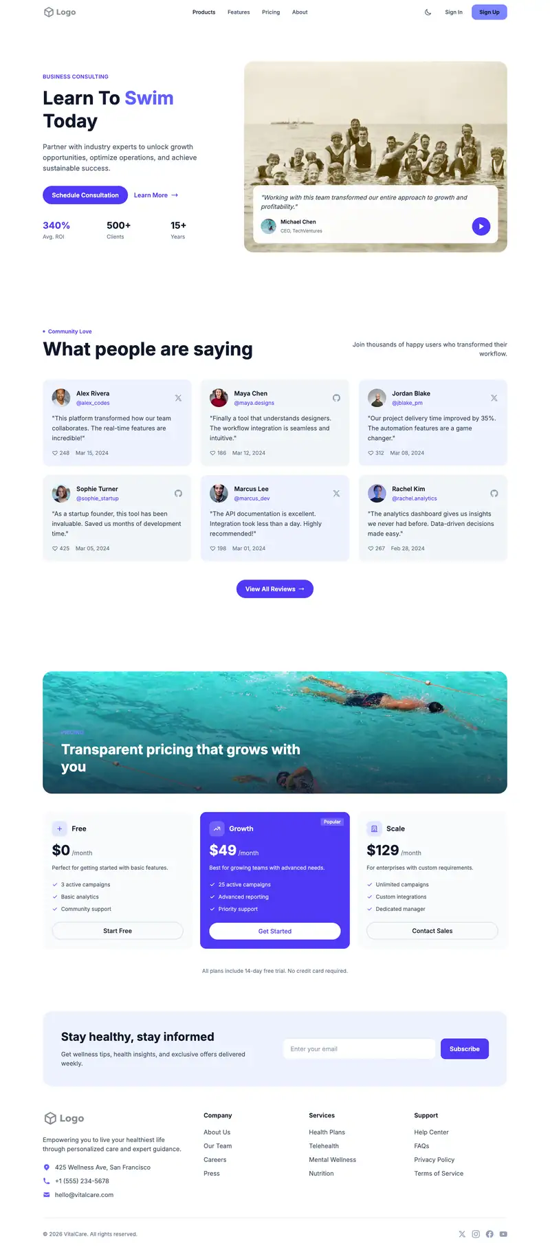 Swim School website template preview