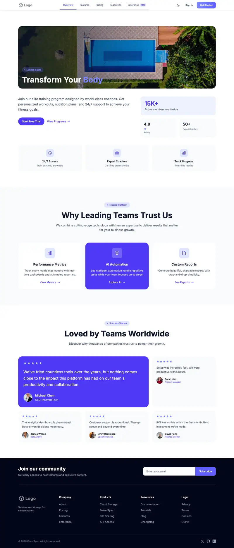 Full-page preview of the Pool Builder website template
