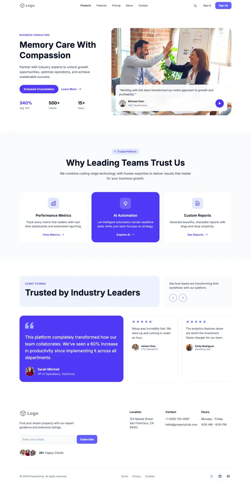 Memory Care Facility website template preview